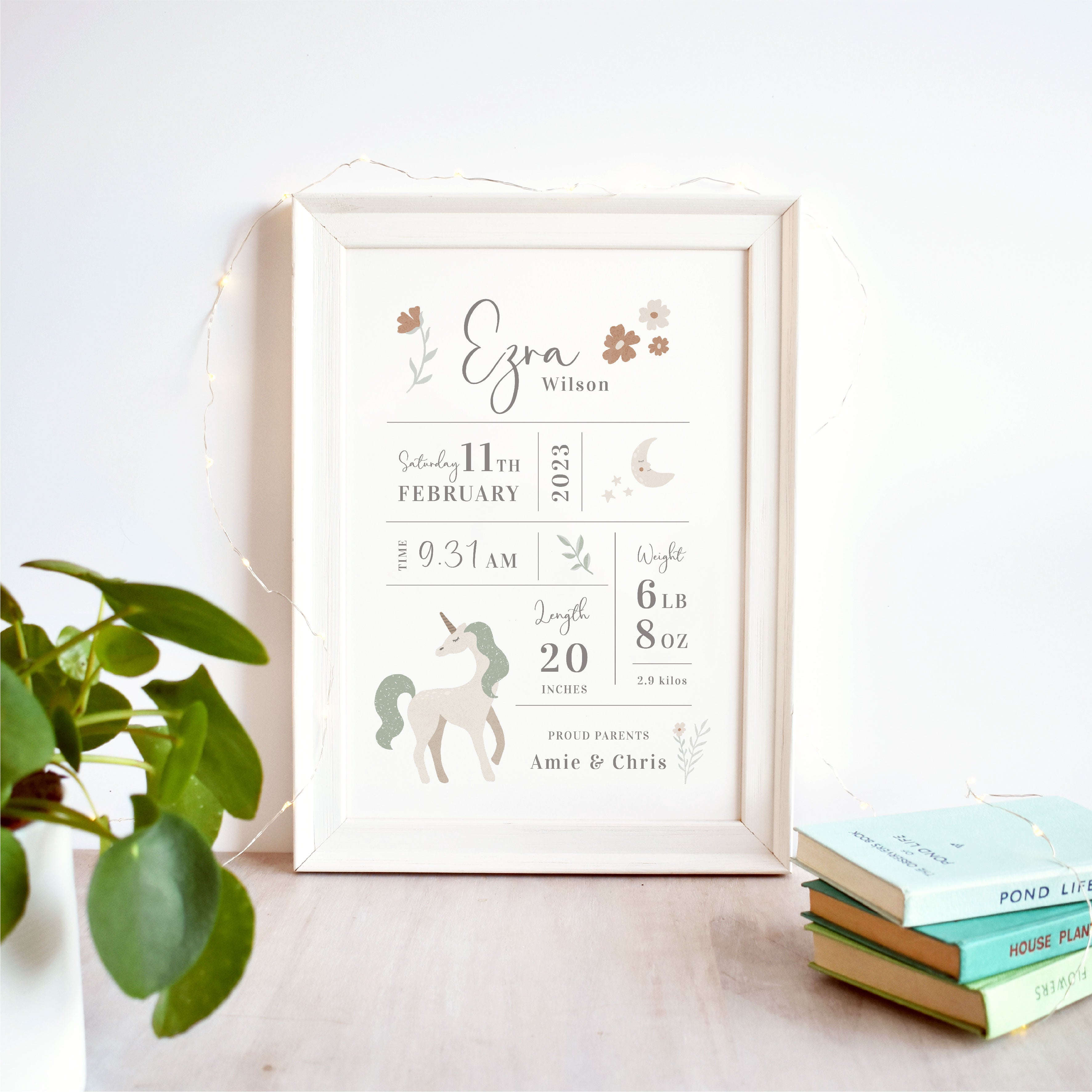 Unicorn Personalised New Baby Print Birth Announcement