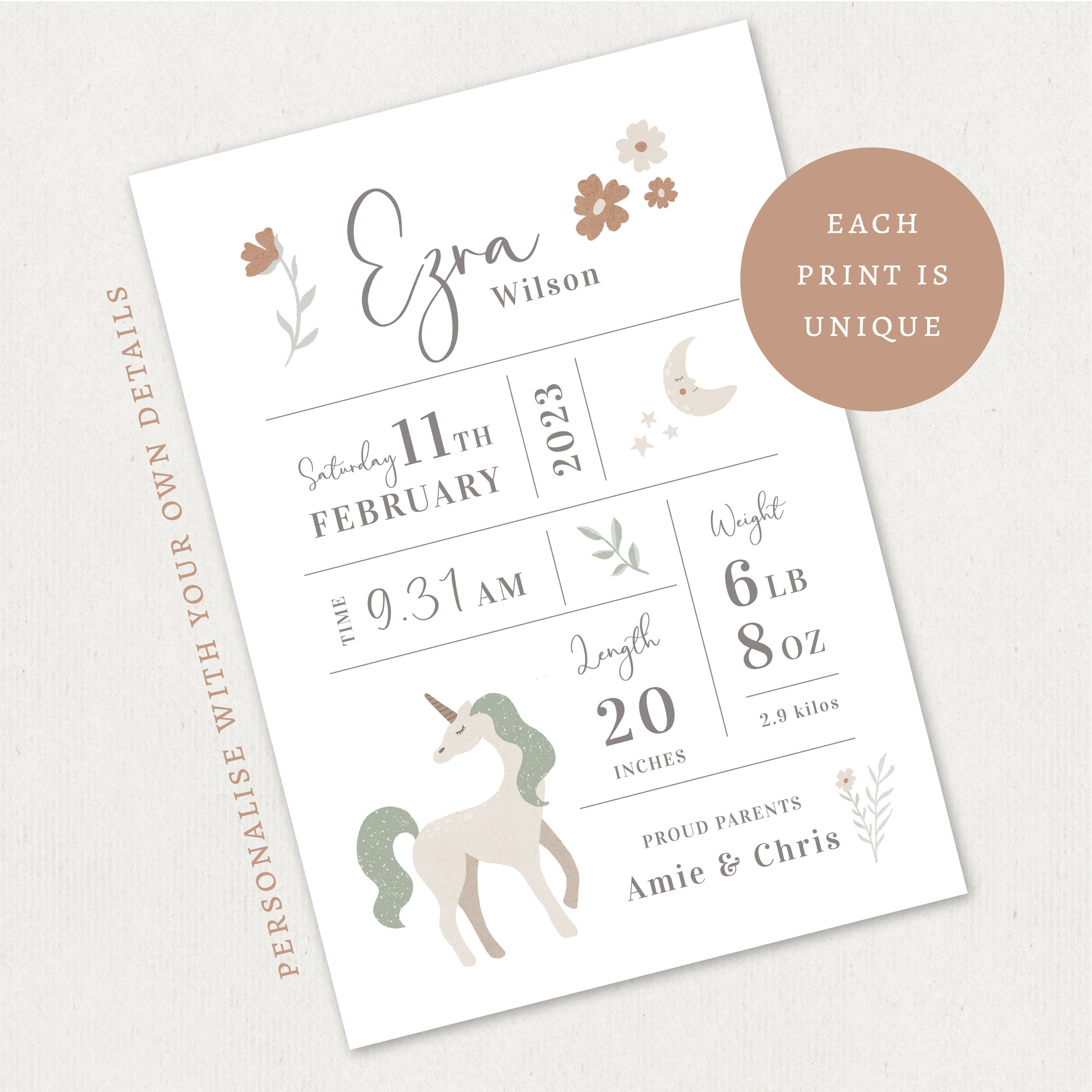 Unicorn Personalised New Baby Print | Birth Announcement
